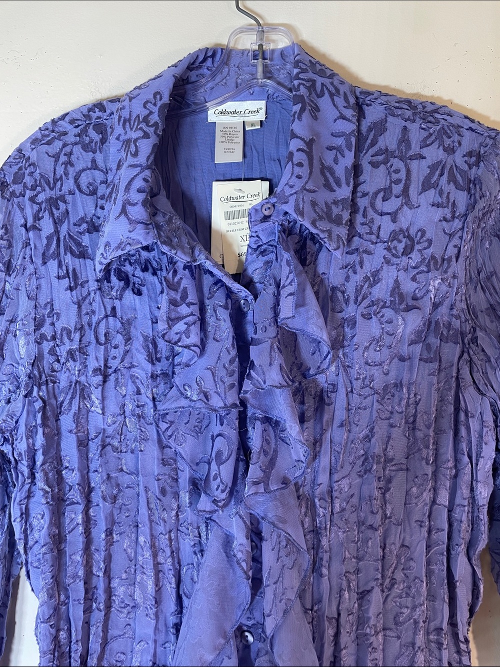 Coldwater Creek Lavender Ruffle Front Crinkled Blouse. XL. NWT. - Picture 4 of 11